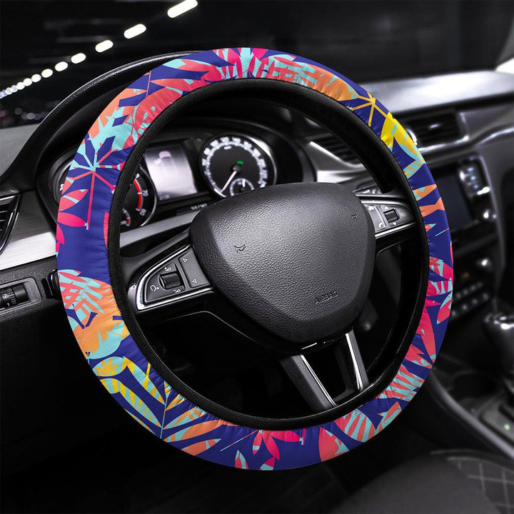 Cool Vivid Bright Color Tropical Leaves Pattern Printed Car Steering Wheel Cover