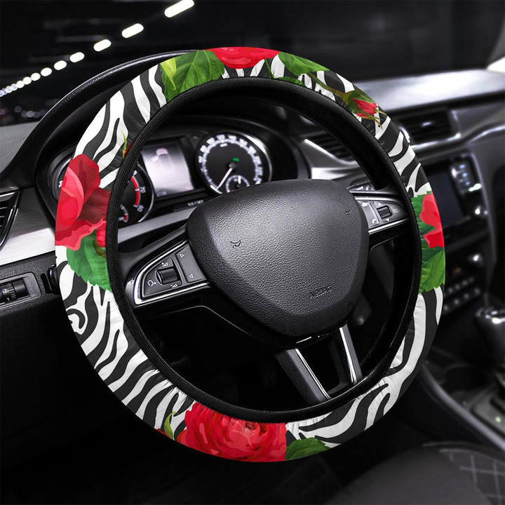 Flowers And Zebra Skin Seamless Pattern Animal Printed Car Steering Wheel Cover