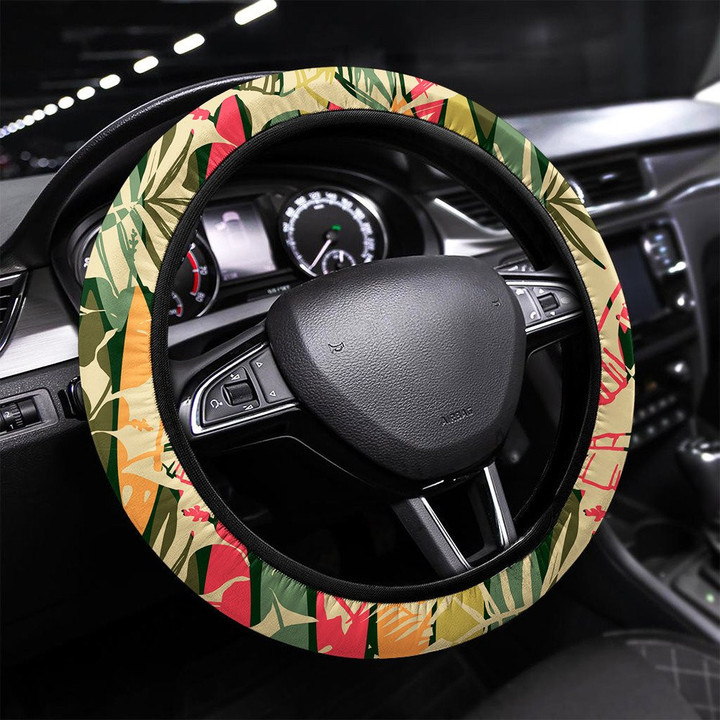 Abstract Seamless Pattern With Tropical Leaves Printed Car Steering Wheel Cover