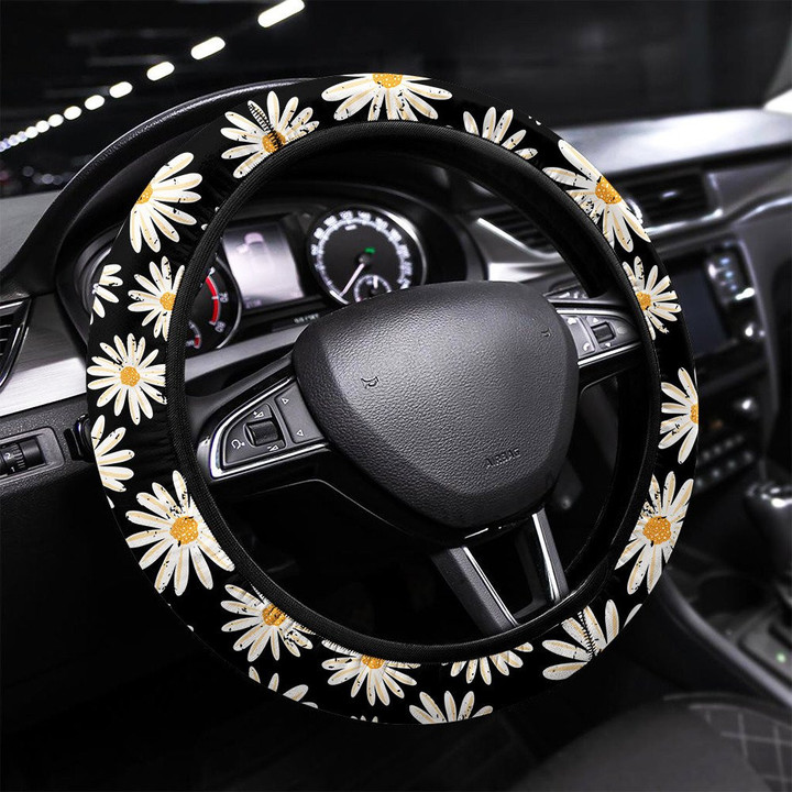 Vintage Daisy Flowers Seamless Pattern Printed Car Steering Wheel Cover