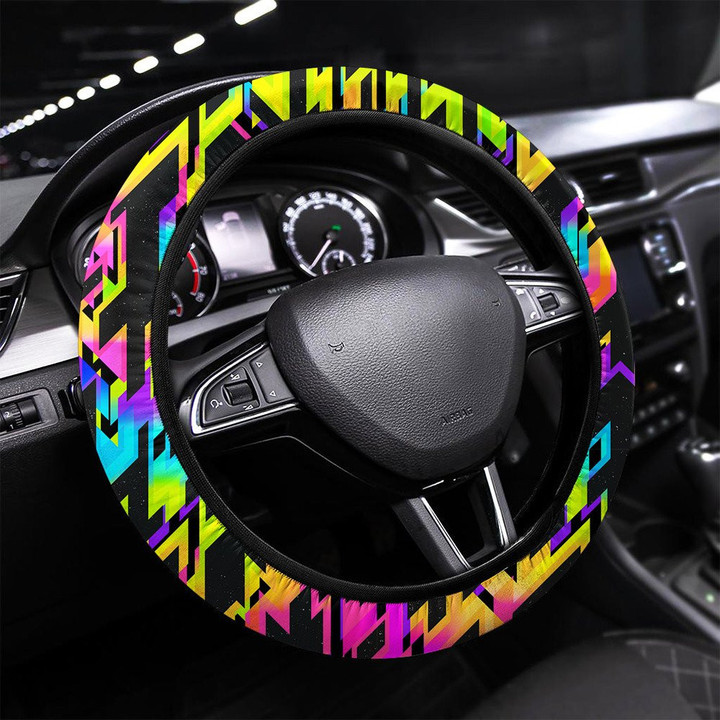 Blue Neon Geometric Seamless Pattern Printed Car Steering Wheel Cover