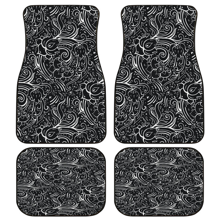 Black And White Line Tropical Flower Wave Pattern Black Theme All Over Print Car Floor Mats