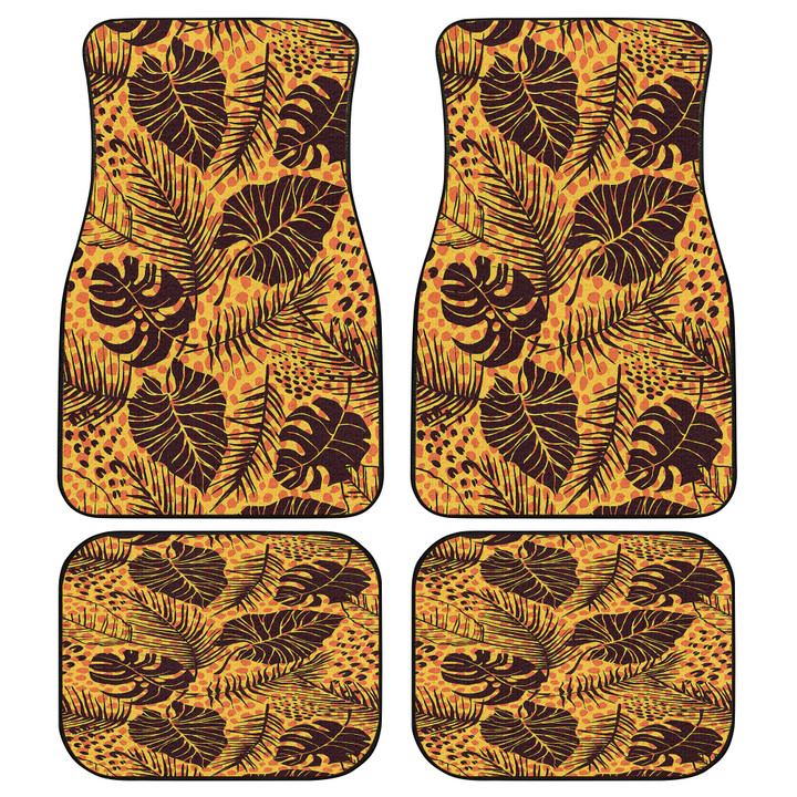 Tropical Leaves Over Orange Tone Leopard Skin Texture All Over Print Car Floor Mats
