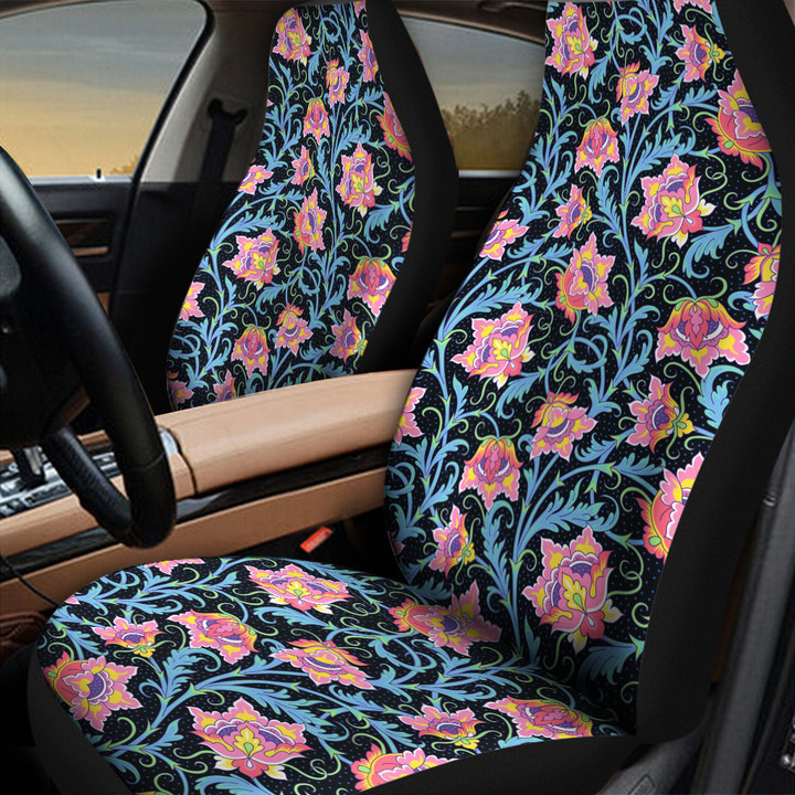 Orange Pink Tropical Flower Over Black Pattern All Over Print Car Seat Cover