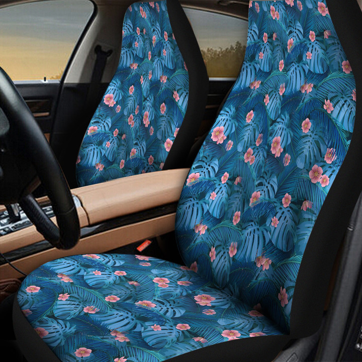 Tiny Pinky Plumeria Flower Over Monstera Leaf Blue Tone All Over Print Car Seat Cover