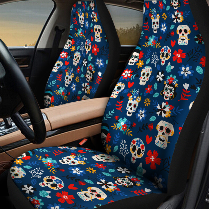 Multicolor Scary Skull Faces Flower Theme All Over Print Car Seat Cover
