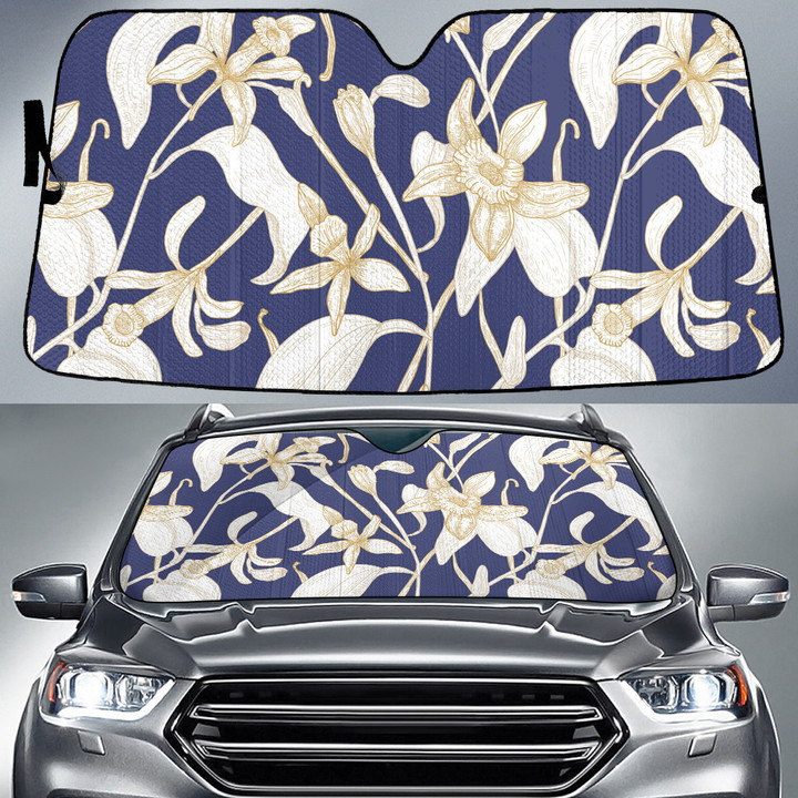 Yellow Orchid Flower Summer Vibe Navy Car Sun Shades Cover Auto Windshield