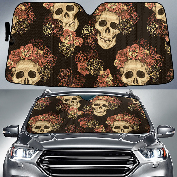 Scary Skulls Female And Roses Buch Brown Theme Car Sun Shades Cover Auto Windshield