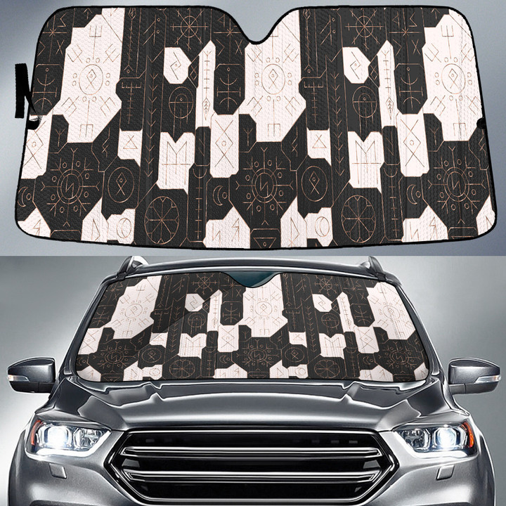 Gold Ancient Symbol And Letter Black And White Geometric Car Sun Shades Cover Auto Windshield