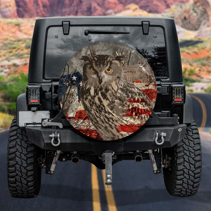 Vintage Great Horned Owl In Forest Hand Drawn American Flag Pattern Printed Car Spare Tire Cover