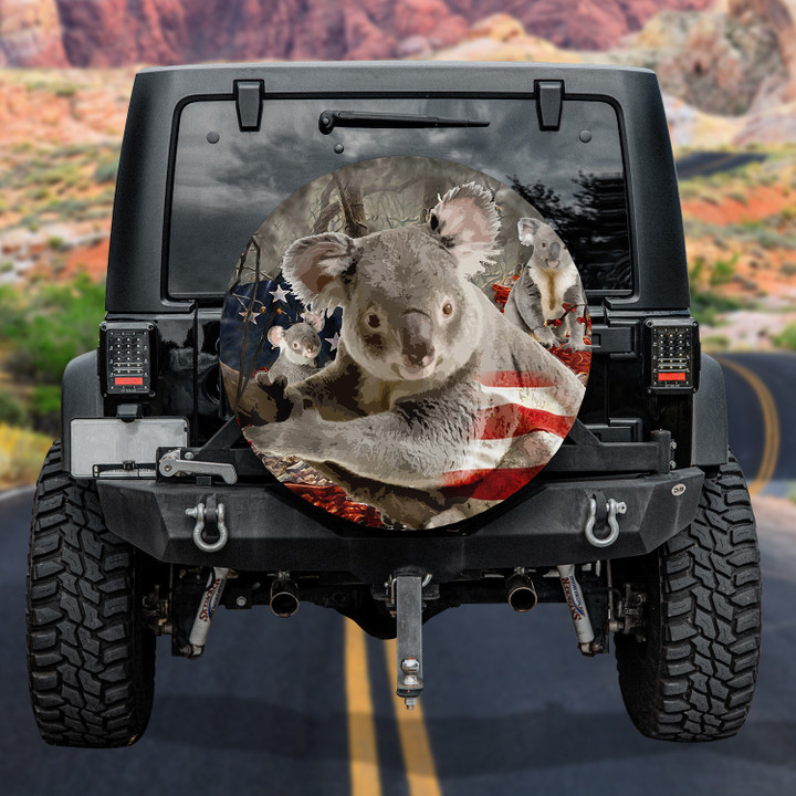 Vintage Great Koala In Forest Hand Drawn American Flag Pattern Printed Car Spare Tire Cover