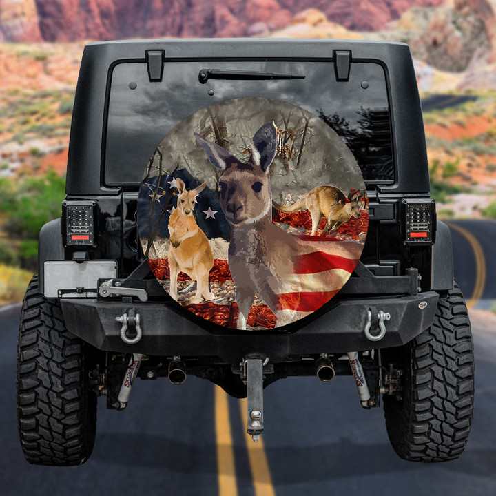 Vintage Great Kangaroo In Forest Hand Drawn American Flag Pattern Printed Car Spare Tire Cover