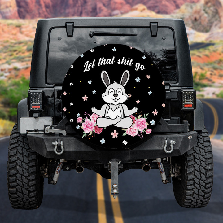 Funny Yoga Rabbit Namaste Flower Pattern Black Theme Printed Car Spare Tire Cover
