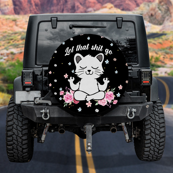 Funny Yoga Cat Namaste Flower Pattern Black Theme Printed Car Spare Tire Cover