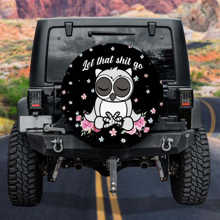Funny Yoga Owl Namaste Flower Pattern Black Theme Printed Car Spare Tire Cover