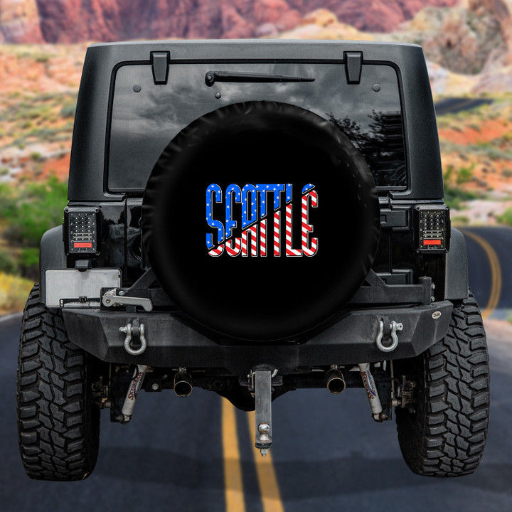 Seattle American Flag Pattern Black Printed Car Spare Tire Cover