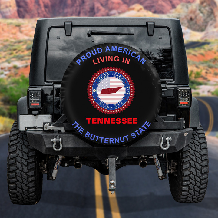 Proud American Living In Tennessee American Flag Black Theme Printed Car Spare Tire Cover