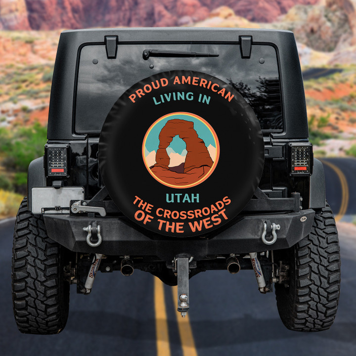 Proud American Living In Utah American Flag Black Theme Printed Car Spare Tire Cover