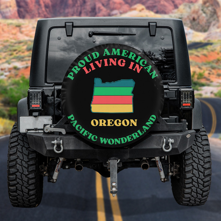 Proud American Living In Oregon American Flag Black Theme Printed Car Spare Tire Cover
