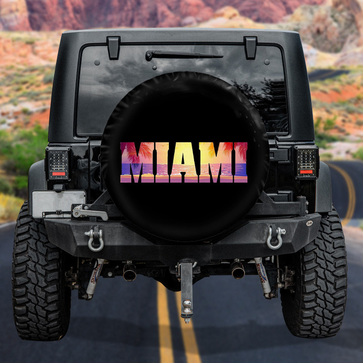 Miami Tropical Beach Sunset Pattern Black Theme Printed Car Spare Tire Cover
