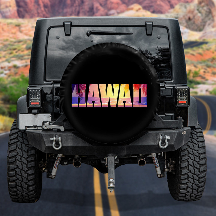 Hawaii Tropical Beach Sunset Pattern Black Theme Printed Car Spare Tire Cover