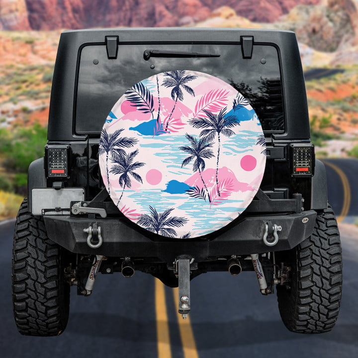Cute Pastel Colors Sunrise Beach Scenary Tropical Palm Tree Printed Car Spare Tire Cover
