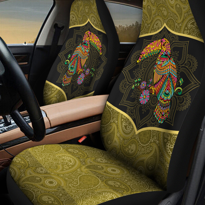 Colorful Pattern Toucan On Dark Yellow And Brown Background Car Seat Covers