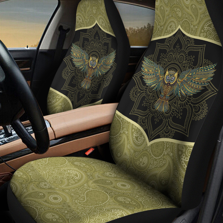 Flying Owl Floral And Circle Pattern Yellow Background Car Seat Covers