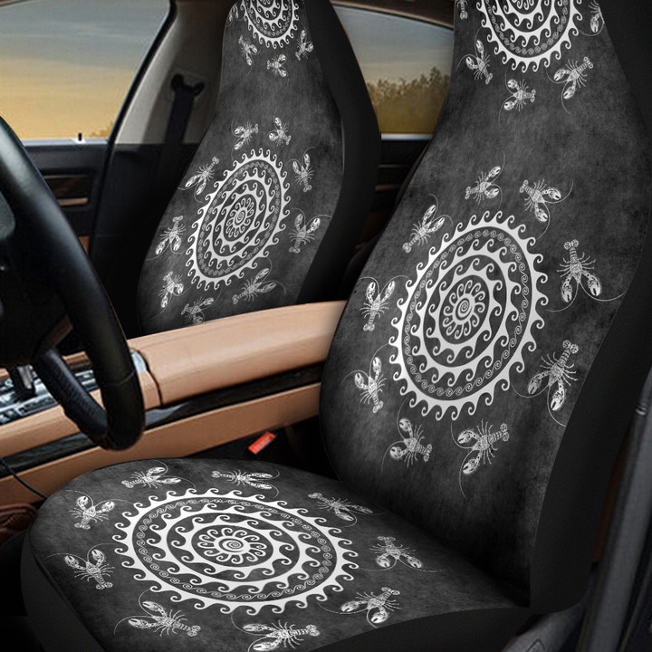 Tiny Lobster Patterns Around Circle Swirl On Black Background Car Seat Covers