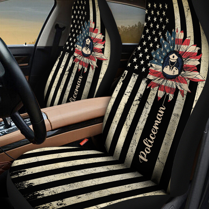 America Flag Sunflower Pattern Policeman Car Seat Cover