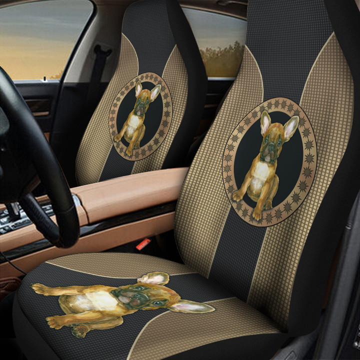 French Bulldog With Circle Shape And Caro Pattern In Black Brown Background Car Seat Covers