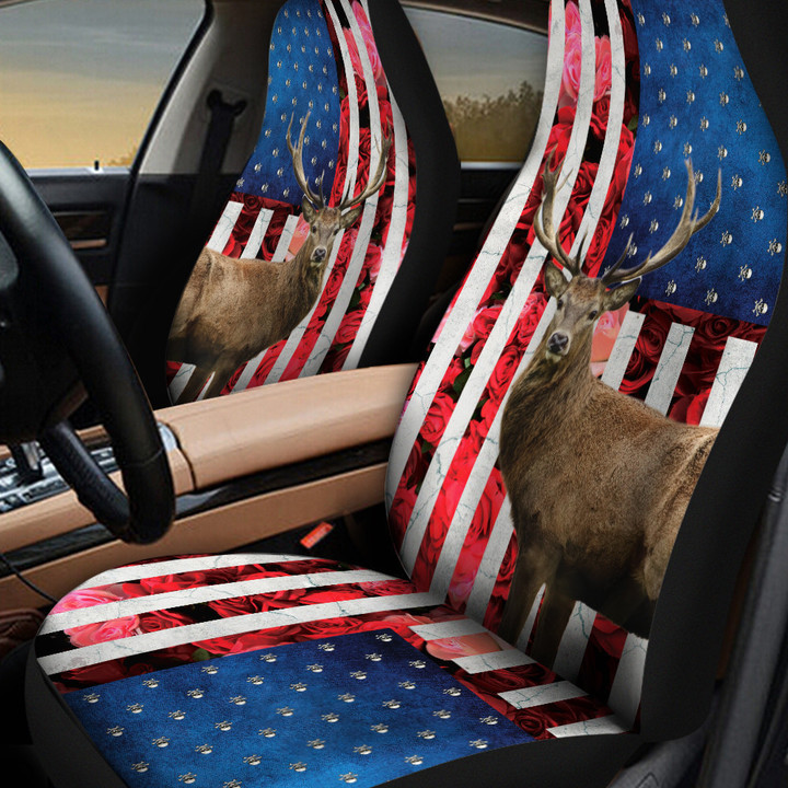 Deer With Red Rose And Skulls Pattern In Blue And Red Background Car Seat Covers