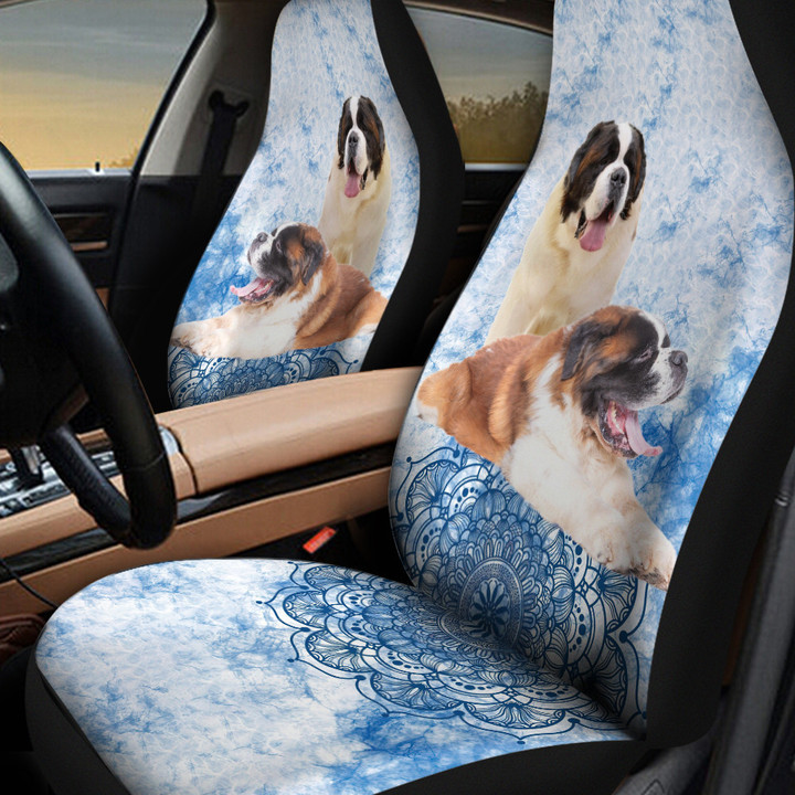 Bernardiner Sleepy Dog Blue Mandala Floral Pattern Car Seat Covers