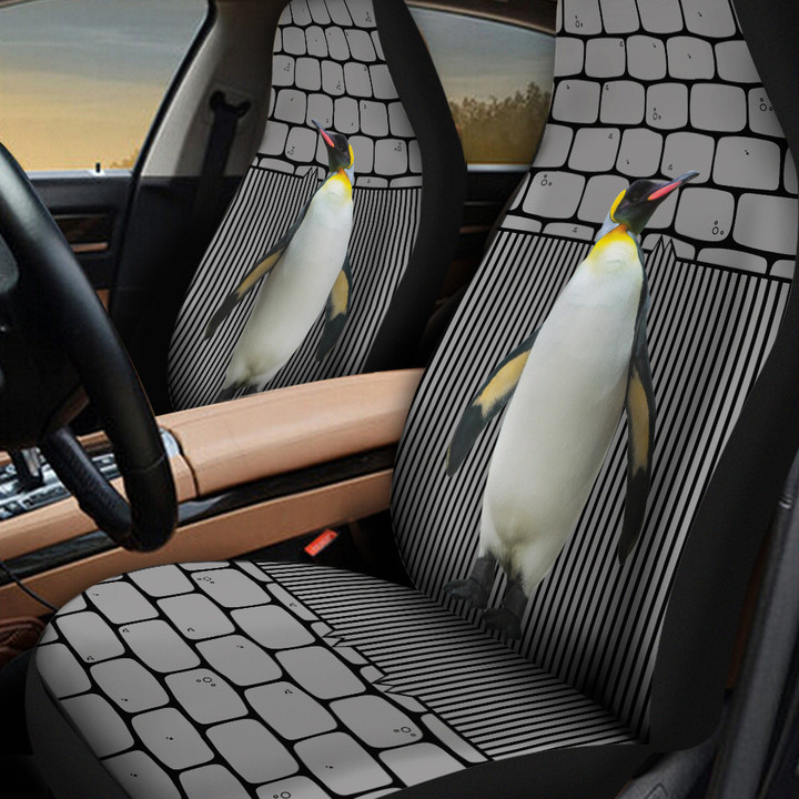 Penguin With Shapes Pattern In Gray Background Car Seat Cover