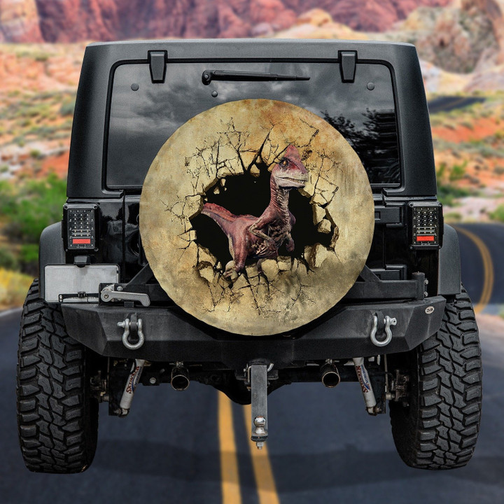 Deinonychus Dinosaur Breaking The Yellow Wall Effect Spare Tire Cover