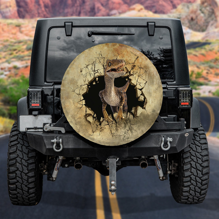 Velociraptor Dinosaur Breaking The Yellow Wall Effect Spare Tire Cover