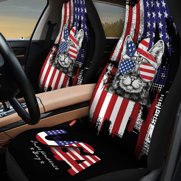 Cat Wearing USA Flag Art American Flag Background Car Seat Covers
