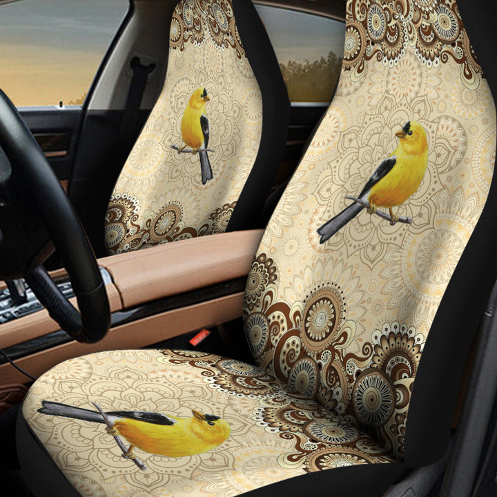 Gold Finch Paisley Pattern In Black And White Background Car Seat Covers