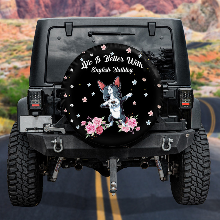 English Bulldog Life Is Better Dog Flower Pattern Car Spare Tire Cover