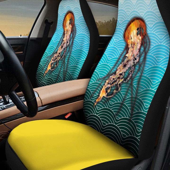 Big Red Jellyfish Image Ocean Wave Pattern Yellow Car Seat Covers