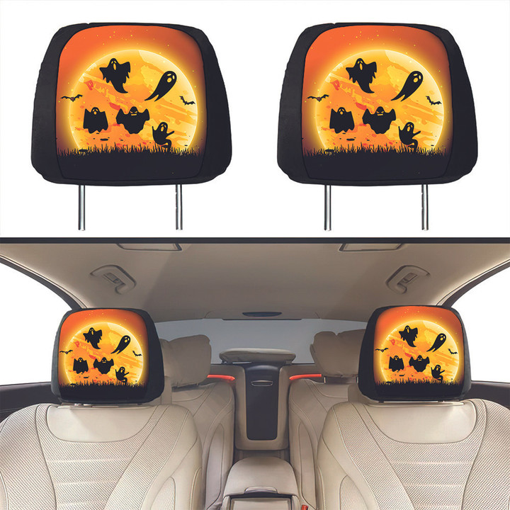 Ghosts Flying Around Giant Yellow Moon Halloween Car Headrest Covers Set Of 2