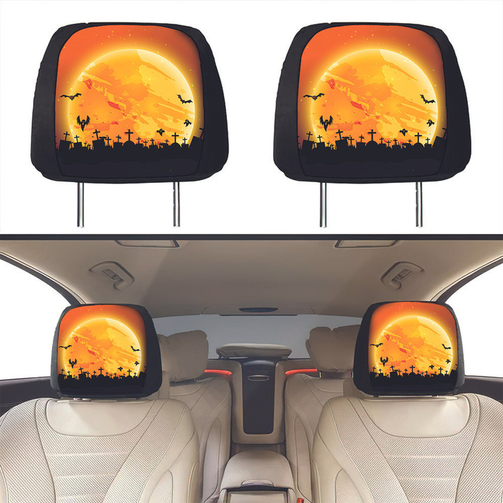 Graveyards Silhouette Giant Yellow Moon Halloween Car Headrest Covers Set Of 2