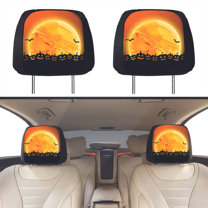 Jack O Lantern Silhouette Giant Yellow Moon Halloween Car Headrest Covers Set Of 2