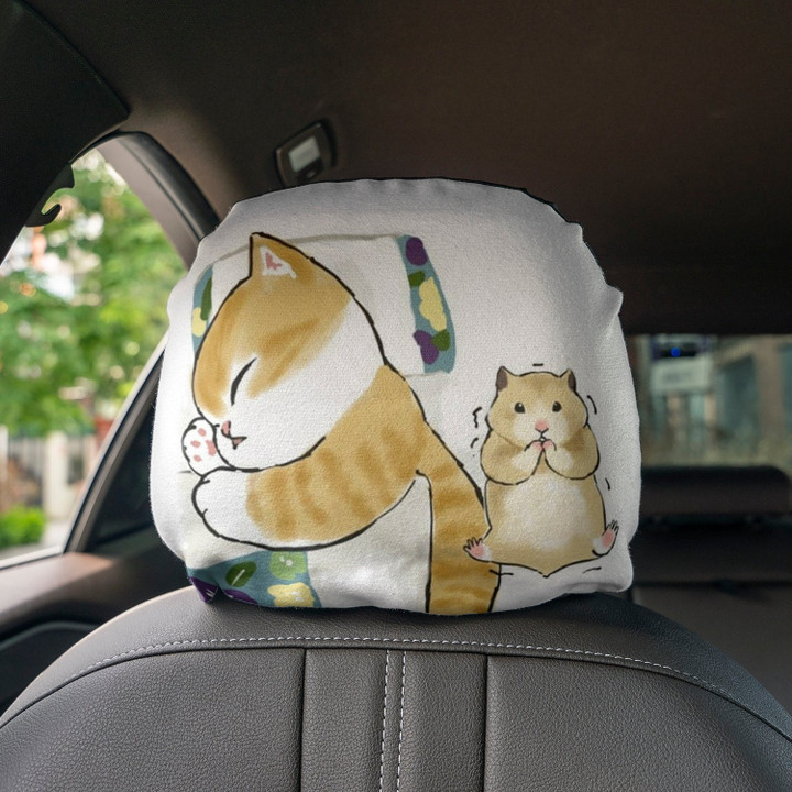 Cat Sleeping With Hamster Cute Art Car Headrest Covers Set Of 2