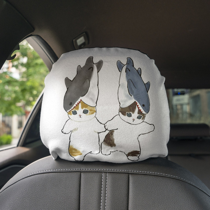 Cats Wearing Shark Hats Art White Car Headrest Covers Set Of 2