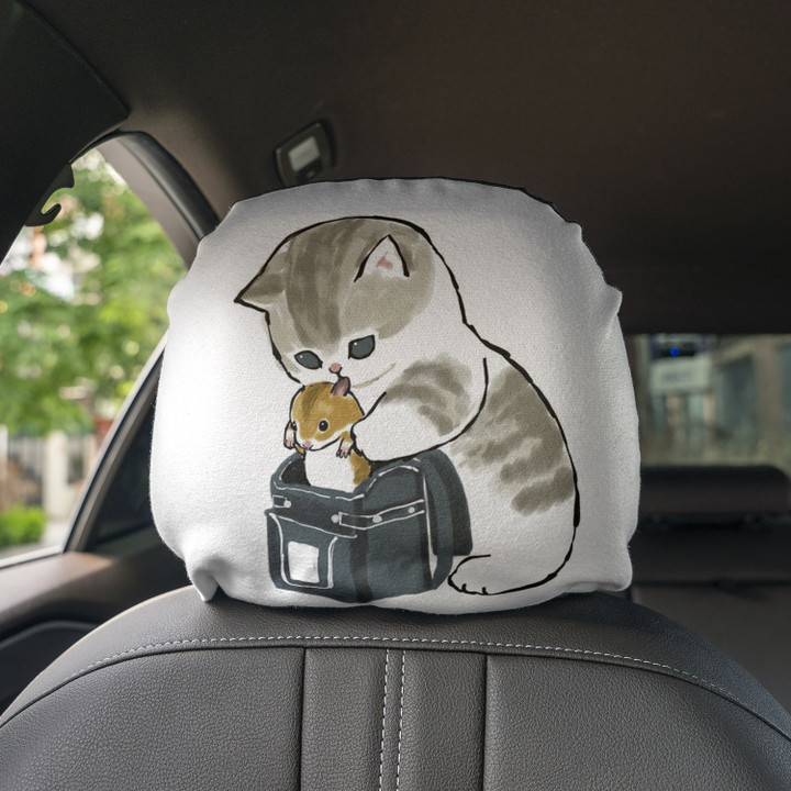 Cat Puts Hamster In The Bag Art White Car Headrest Covers Set Of 2
