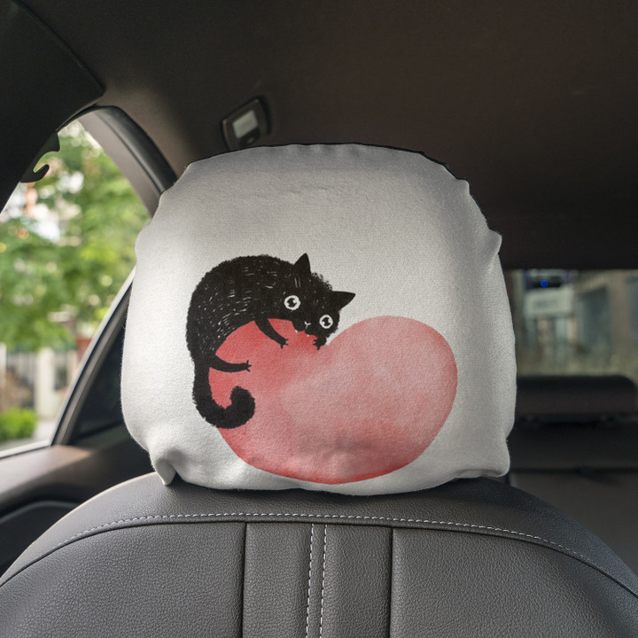 Cat Bites A Heart Art White Car Headrest Covers Set Of 2