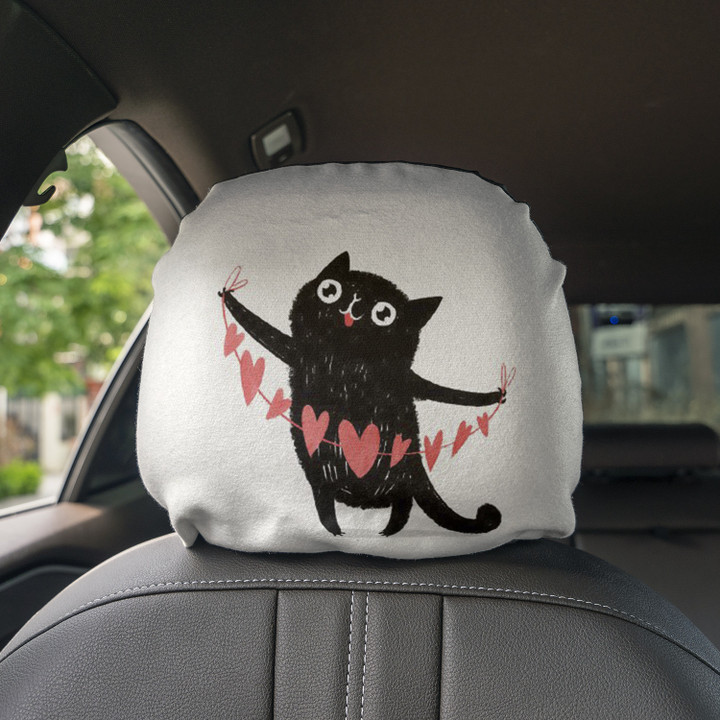 Happy Cat With Heart Decoration Art White Car Headrest Covers Set Of 2