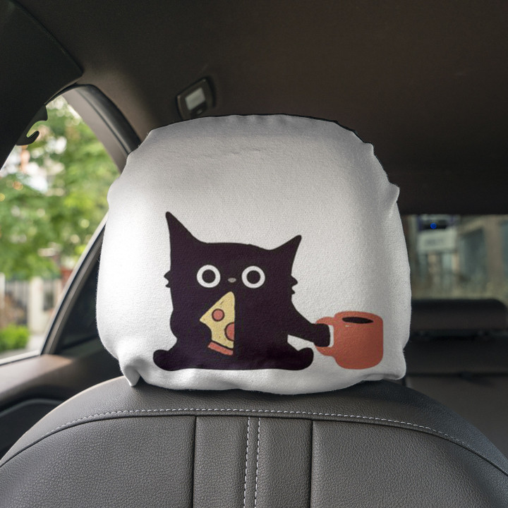 Black Cat Eating Pizza And Drinking Coffee Art White Car Headrest Covers Set Of 2