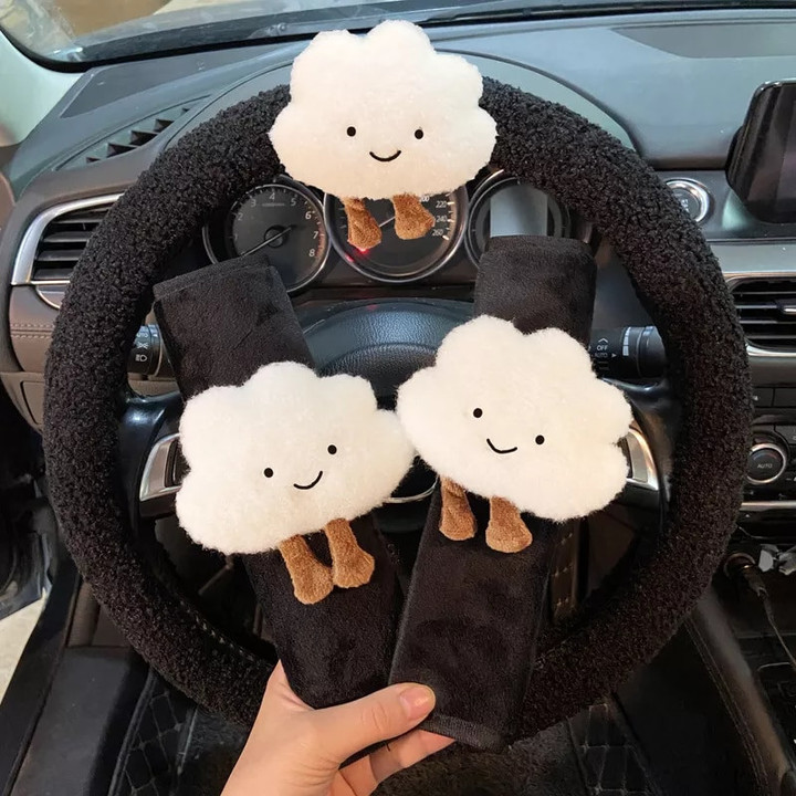 Black And White Cute Cloud Universal Car Steering Wheel Cover Set